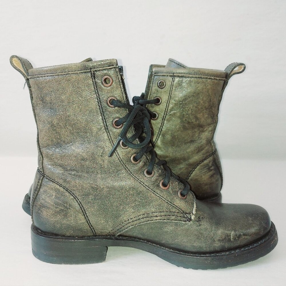 Frye Gypsy Laceup Veronica Combat Boots 6 B Green Burnished Leather Mid-Calf - Picture 8 of 12